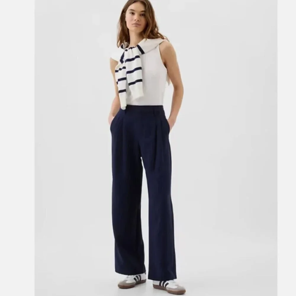 GAP Easy Crepe Drapey PLEATED Navy Blue Loose Straight Pants Size 12 TALL RT$80